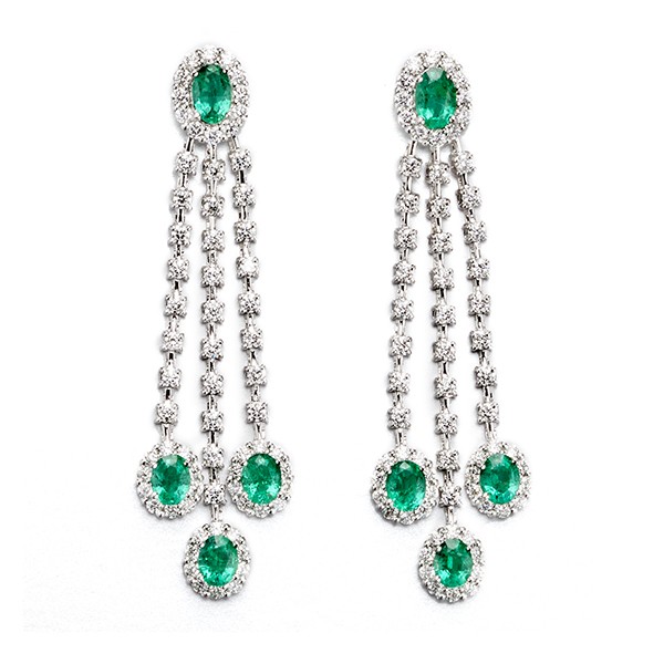 18K Emerald Diamond Triple Drop Earrings
